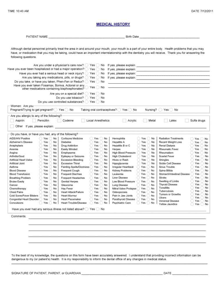 11 Medical History Forms [Word, PDF] - Printable Templates Within History And Physical Template Word For History And Physical Template Word