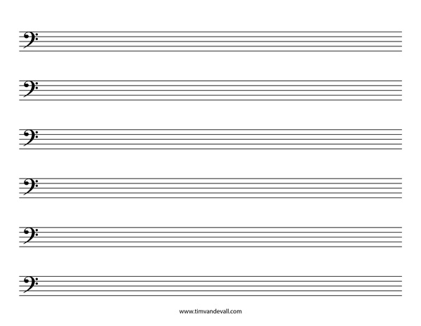 Blank Bass Clef Staff Paper  Printable Sheet Music PDF Regarding Blank Sheet Music Template For Word