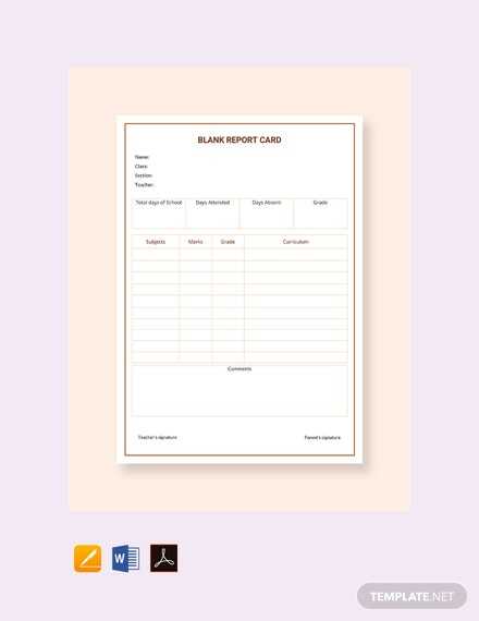 Blank Report Card Template - PDF  Word  Apple Pages  Google Docs For Report Card Template Pdf With Report Card Template Pdf