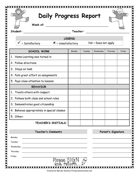 Daily Progress Report Forms Printables & Template for Kindergarten  For Daily Behavior Report Template Regarding Daily Behavior Report Template