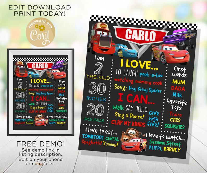 Disney Cars Birthday Sign, Disney Cars Chalkboard, Lightning McQueen, Tow  Mater, Cars Printable 11st Birthday Poster, Editable 11x111  111x11 Within Cars Birthday Banner Template Intended For Cars Birthday Banner Template