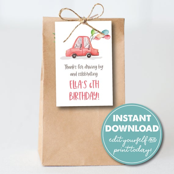 Editable Drive-by Birthday Parade Party Favor Tag Template  With Goodie Bag Label Template With Goodie Bag Label Template
