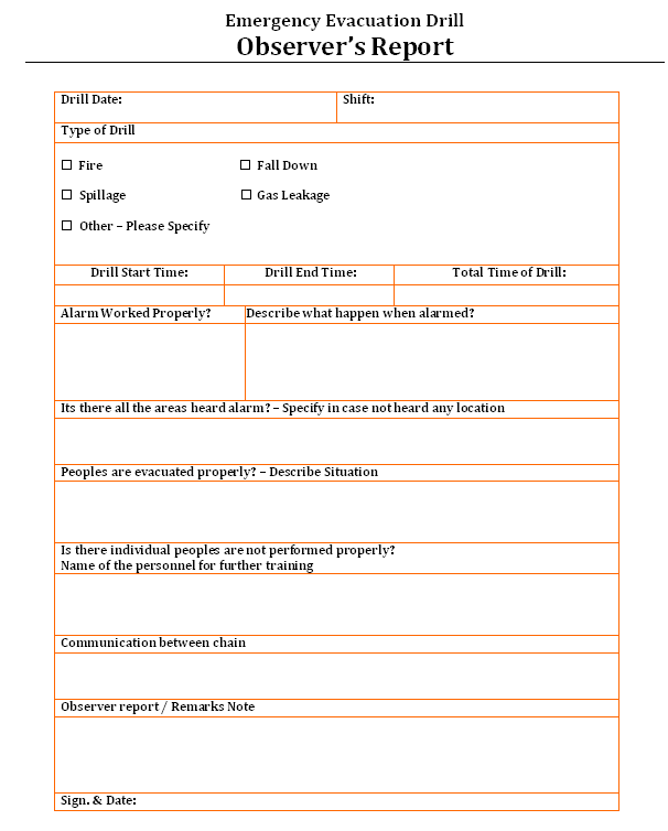 Emergency Evacuation Drill Observer’s Report – Intended For Emergency Drill Report Template