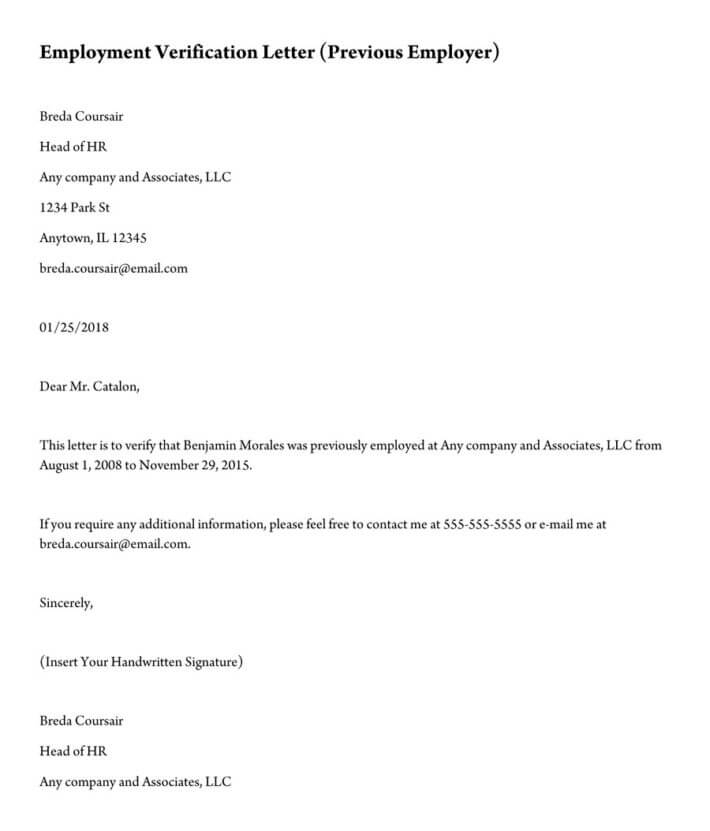 Employment Verification Letter (11+ Sample Letters and Writing Tips) Pertaining To Employment Verification Letter Template Word With Regard To Employment Verification Letter Template Word