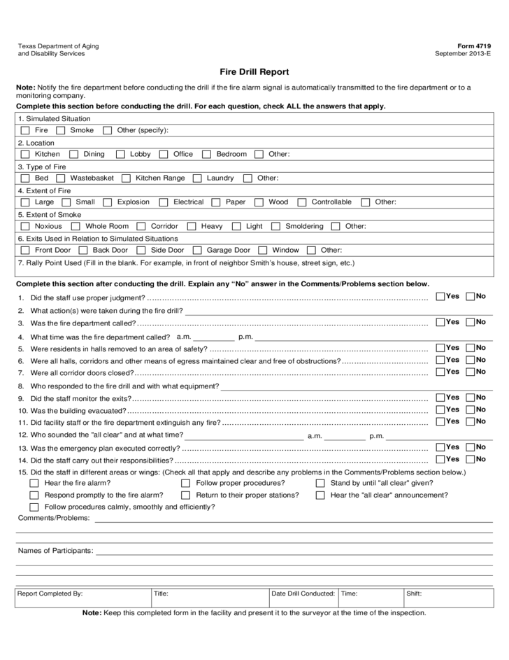 Fire Drill Report Form – Texas Free Download Intended For Emergency Drill Report Template