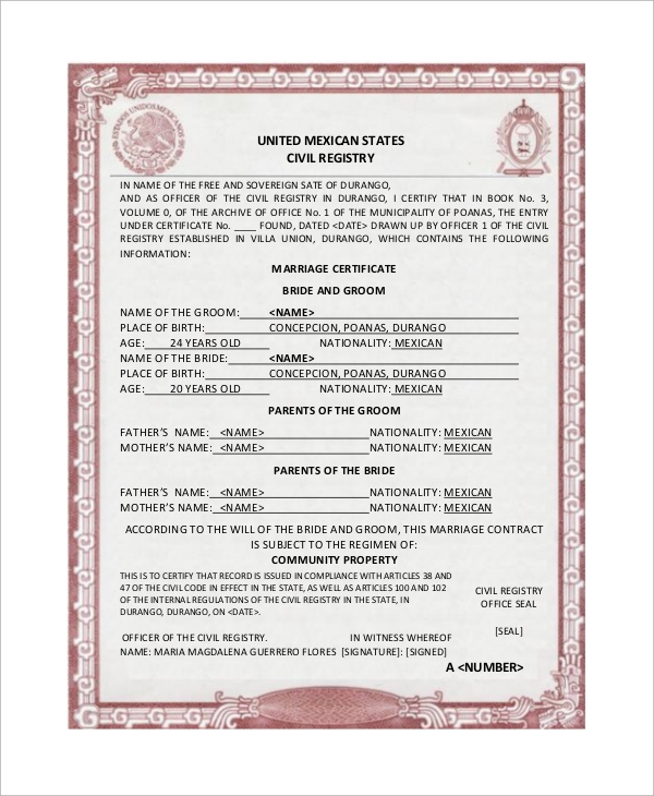 FREE 11+ Sample Marriage Certificates in PDF  MS Word In Mexican Marriage Certificate Translation Template Throughout Mexican Marriage Certificate Translation Template