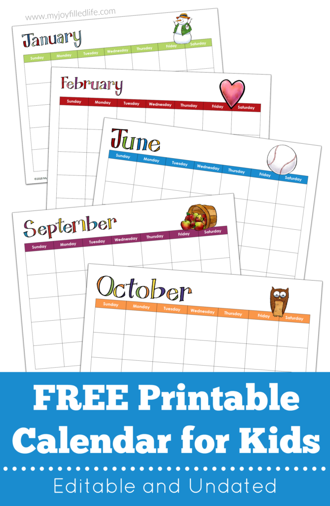 FREE Printable Calendar for Kids – Editable & Undated - My Joy  With Blank Calendar Template For Kids Inside Blank Calendar Template For Kids