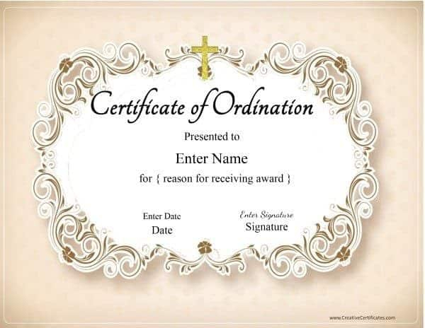 Free Printable Ordination Certificate Template  Customizable Inside Certificate Of Ordination Template With Certificate Of Ordination Template
