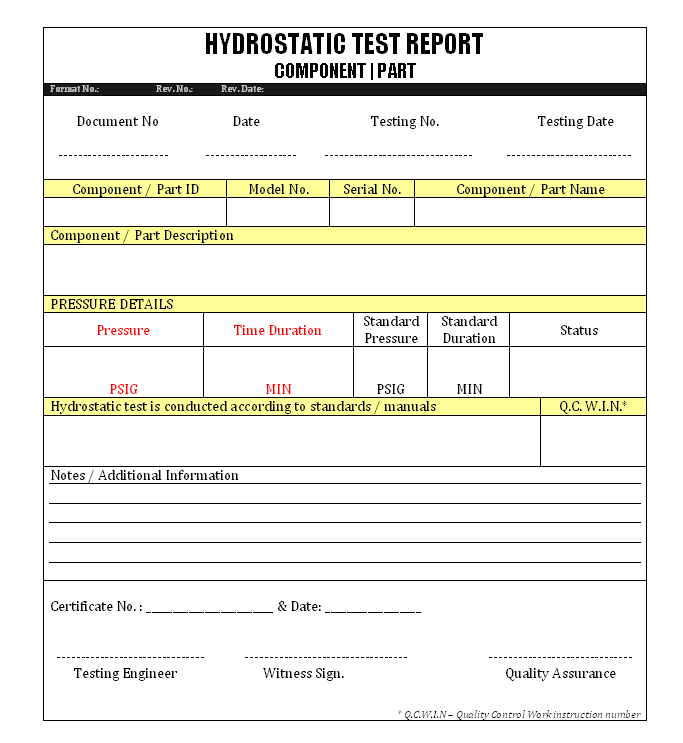 Hydrostatic test on components – Engineering standards - Inside Hydrostatic Pressure Test Report Template Intended For Hydrostatic Pressure Test Report Template