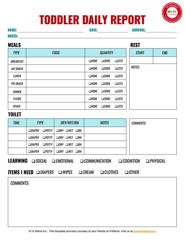 Infant & Toddler Daily Reports - Free Printable  HiMama Throughout Daycare Infant Daily Report Template With Regard To Daycare Infant Daily Report Template