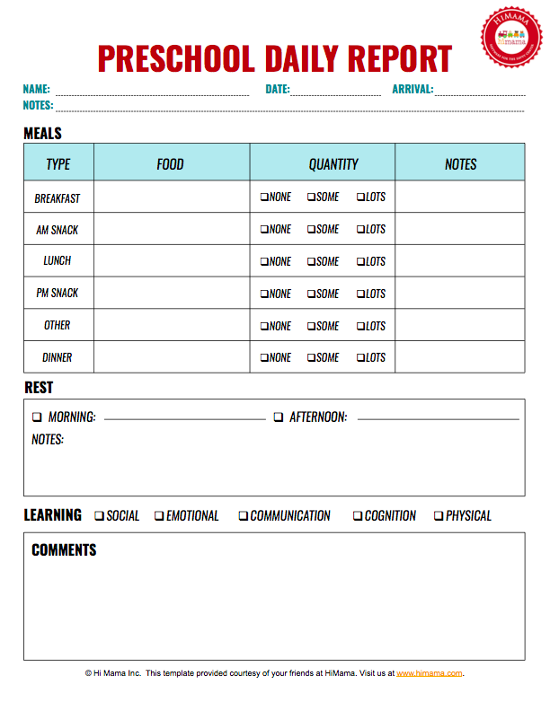 Infant & Toddler Daily Reports – Free Printable  HiMama Within Preschool Weekly Report Template