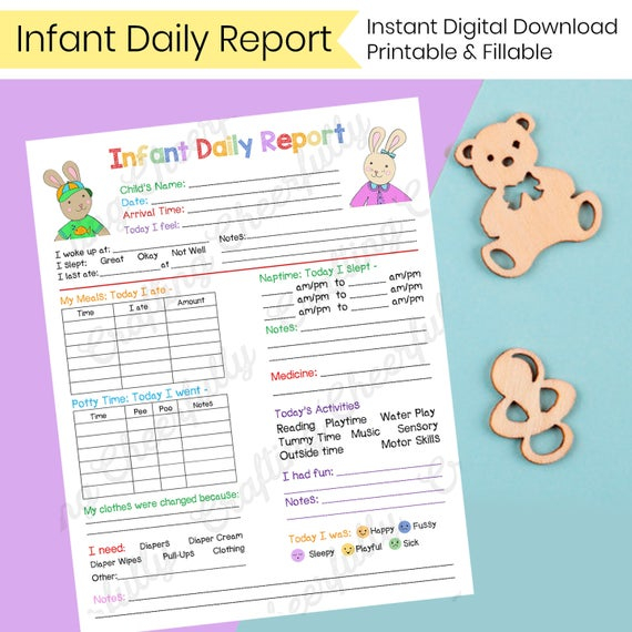 Infant Daily Report - In-Home Preschool, Daycare, Nanny Log - Printable and  Fillable PDFs Intended For Daycare Infant Daily Report Template Pertaining To Daycare Infant Daily Report Template