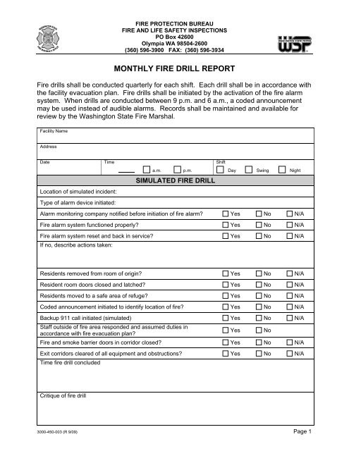 Monthly Fire Drill Report, Revised 11/011 - Washington State Patrol Regarding Emergency Drill Report Template For Emergency Drill Report Template