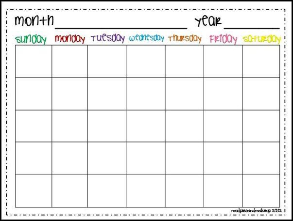Mudpies and Make-up: FREE Calendar Journal Printables  Calendar  In Blank Calendar Template For Kids Pertaining To Blank Calendar Template For Kids