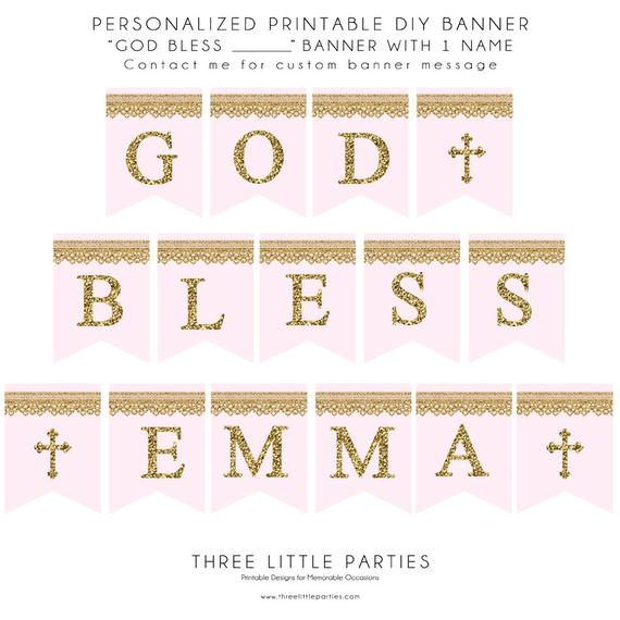 Printable Baptism Banner, Pink Gold Lace Glitter Banner, Personalized DIY,  God Bless Banner, Baptism Banner, First Holy Communion Banner Regarding Christening Banner Template Free Within Christening Banner Template Free