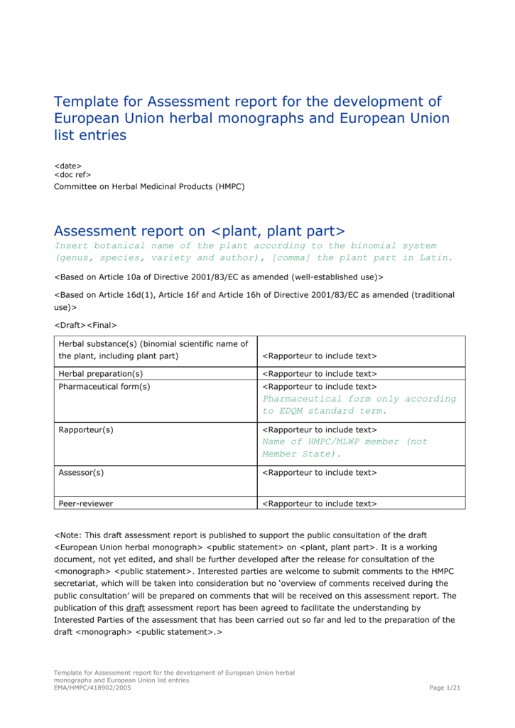 Template – European Medicines Agency Inside Rapporteur Report Template