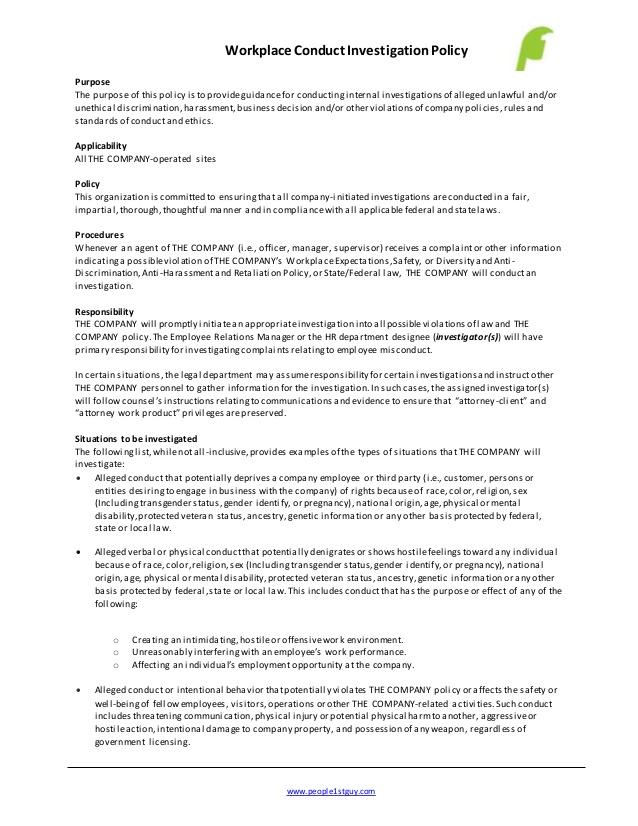 Workplace Conduct Investigation Policy Example Throughout Hr Investigation Report Template For Hr Investigation Report Template