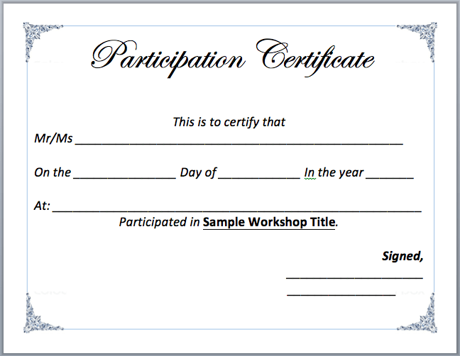 Workshop Participation Certificate Template – Word Templates For  In Participation Certificate Templates Free Download
